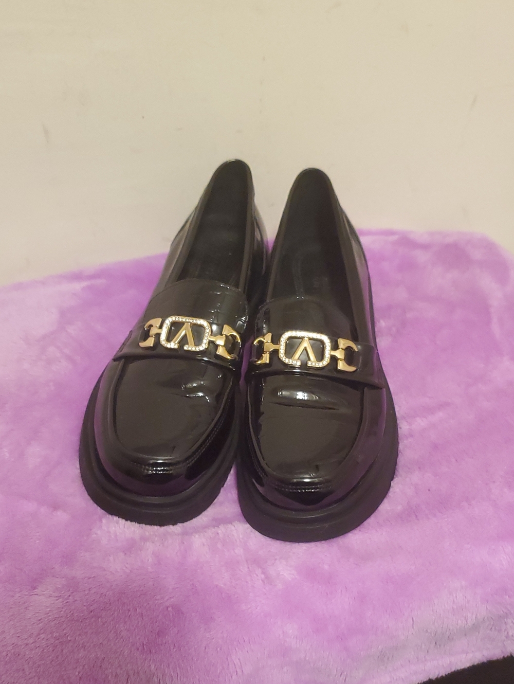 Patent Black Women’s Loafers with Gold Accent